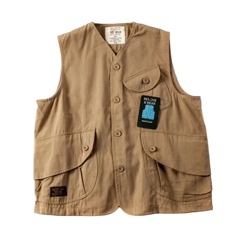 Expedition Cargo Vest in Khaki, front view, flat lay