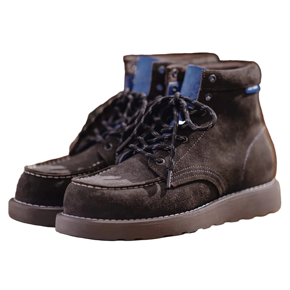 Blue Ridge Suede Moc Toe Boot in Charcoal Brown, pair, three quarter view on black