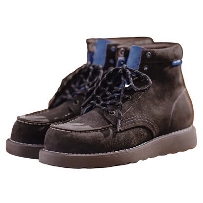 Blue Ridge Suede Moc Toe Boot in Charcoal Brown, pair, three quarter view on black