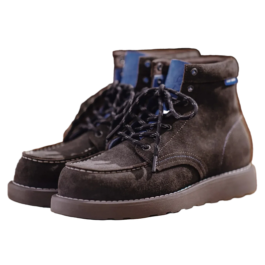 Blue Ridge Suede Moc Toe Boot in Charcoal Brown, pair, three quarter view on black