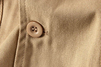 Macro of the flap pocket button on the Khaki cotton twill