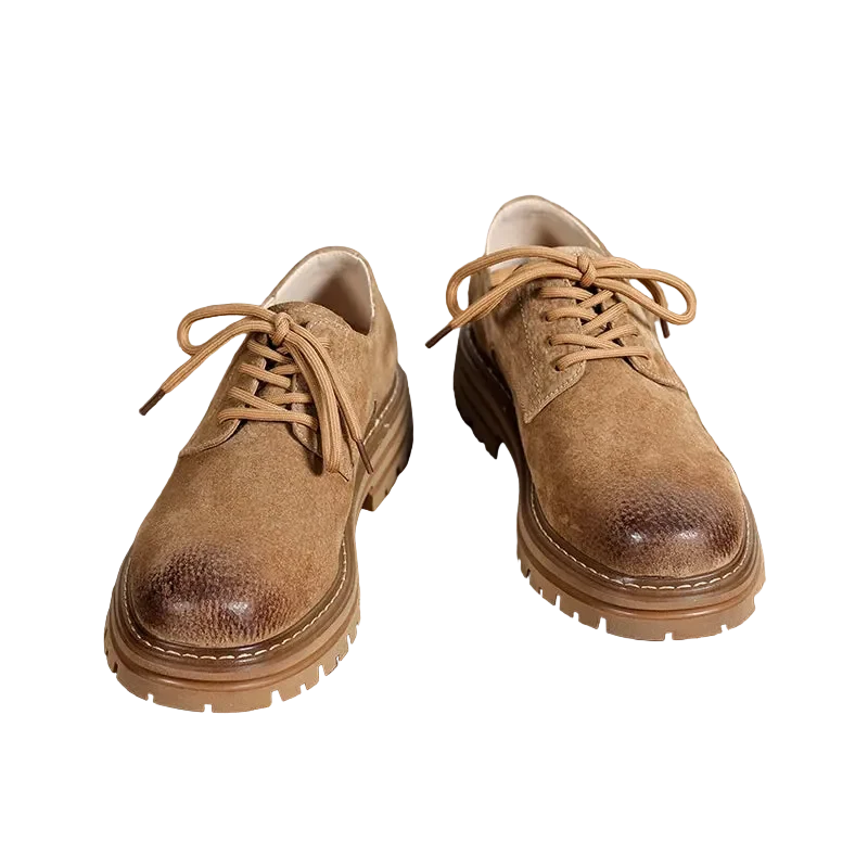 Workshop Suede Derby in Camel, pair front view on black