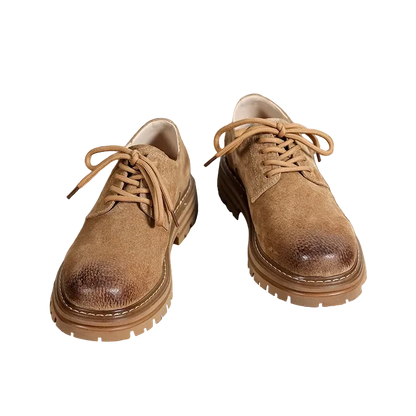 Workshop Suede Derby in Camel, pair front view on black