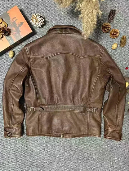 Garage Leather Jacket in Tobacco, back view with the half belt and buckle tabs