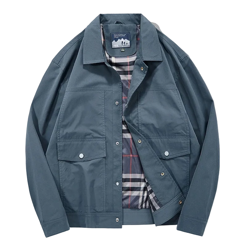 Coach Jacket with Plaid Lining in Grey Blue, front view, open to show the lining