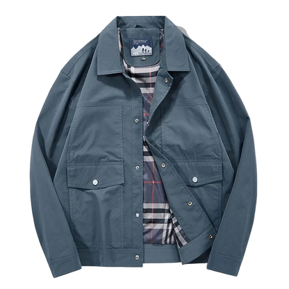 Coach Jacket with Plaid Lining in Grey Blue, front view, open to show the lining