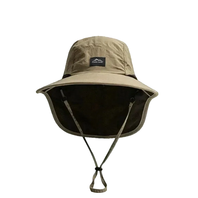 Trail Wide Brim Hat in Dark Khaki, front view, with the neck flap
