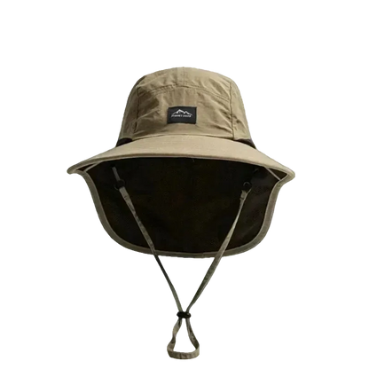 Trail Wide Brim Hat in Dark Khaki, front view, with the neck flap