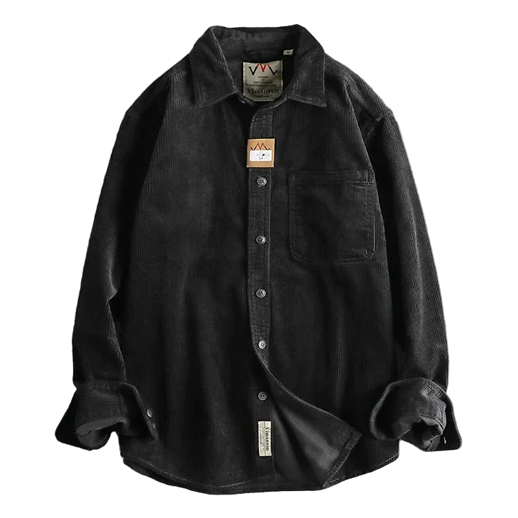 Oversized Corduroy Worker Shirt in Black, laid flat