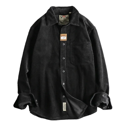 Oversized Corduroy Worker Shirt in Black, laid flat
