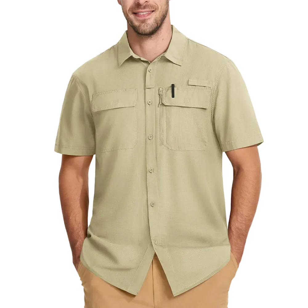 Latitude UPF 50+ Quick Dry Shirt in Sand, front view on model torso