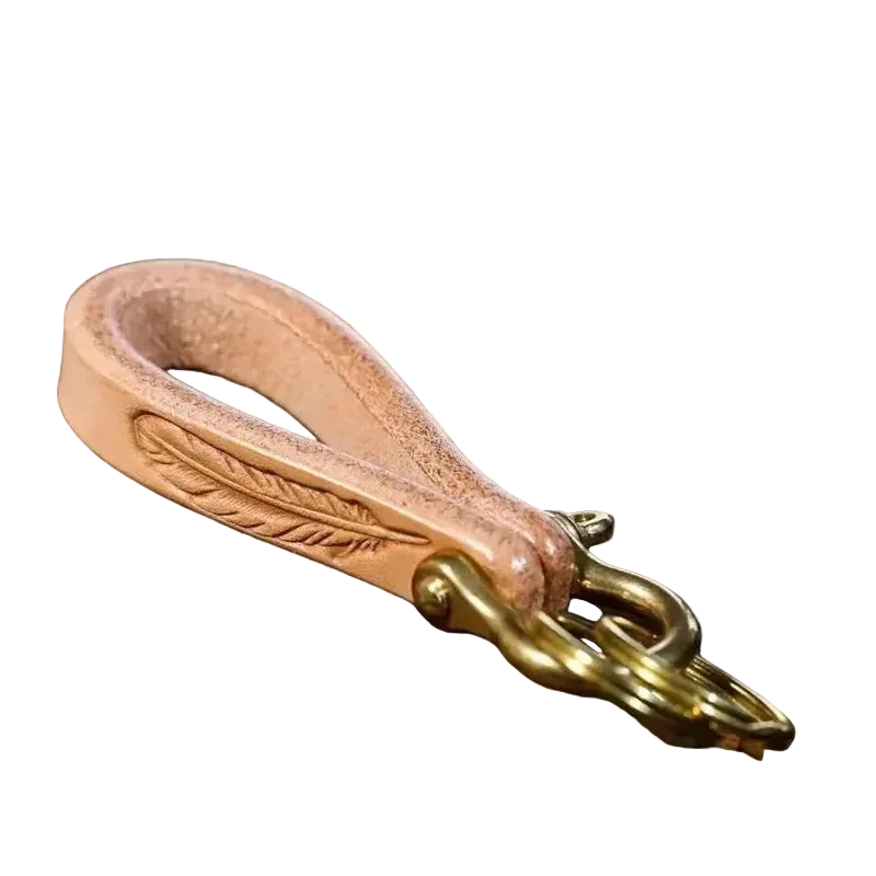 Horseshoe Leather Keychain, Feather model, on white, with the brass shackle and key ring