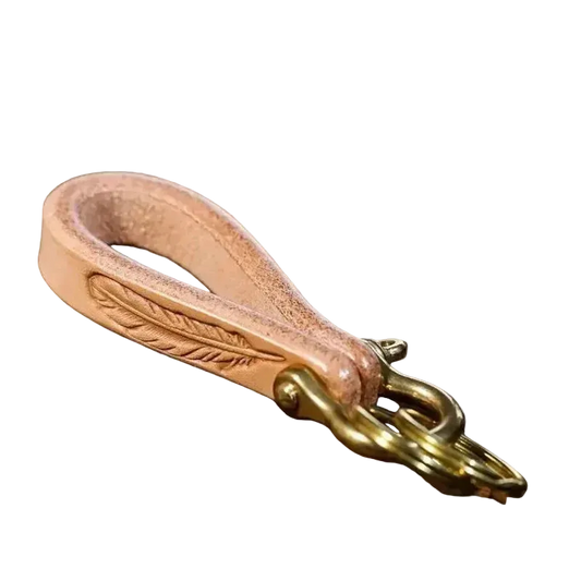 Horseshoe Leather Keychain, Feather model, on white, with the brass shackle and key ring