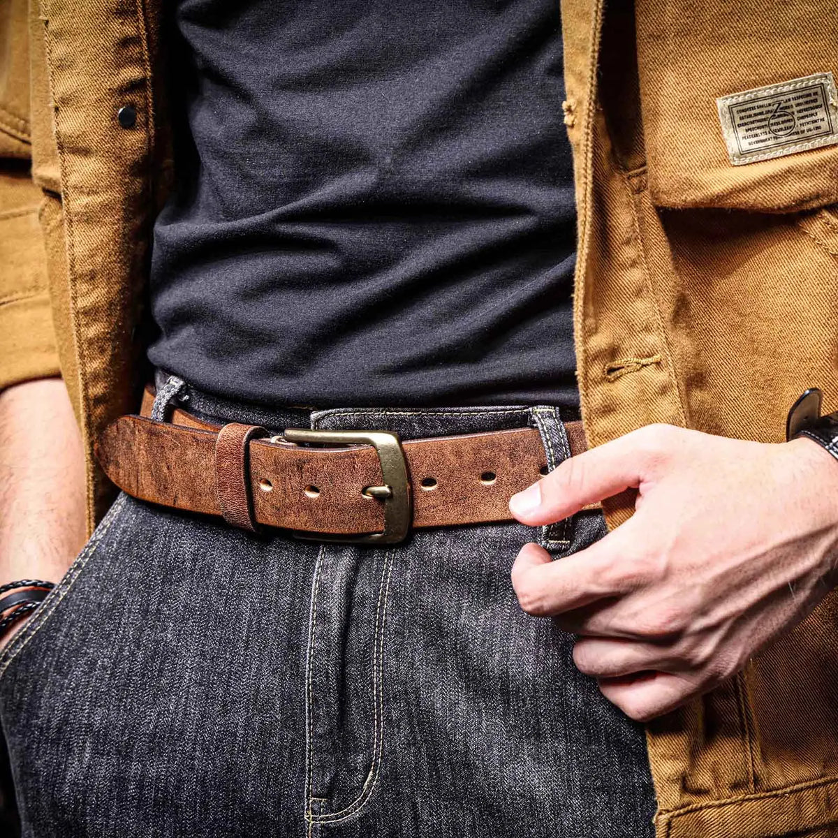 Drover Leather Belt in Cognac worn with jeans and a work jacket