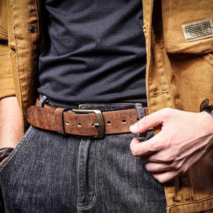 Drover Leather Belt in Cognac worn with jeans and a work jacket