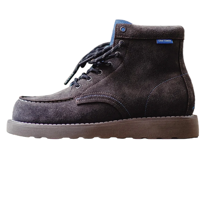 Side profile of the Charcoal Brown moc toe boot showing the rubber sole and blue tongue