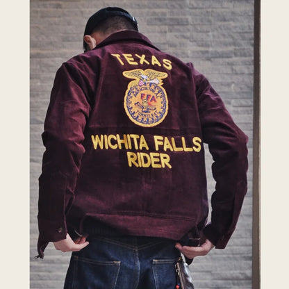 Rider Corduroy Jacket in Burgundy, worn, back embroidery TEXAS WICHITA FALLS RIDER