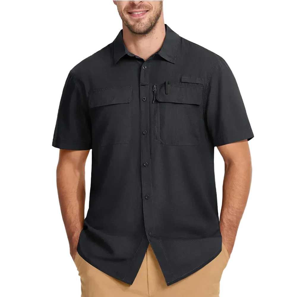 Latitude UPF 50+ Quick Dry Shirt in Black, front view on model torso
