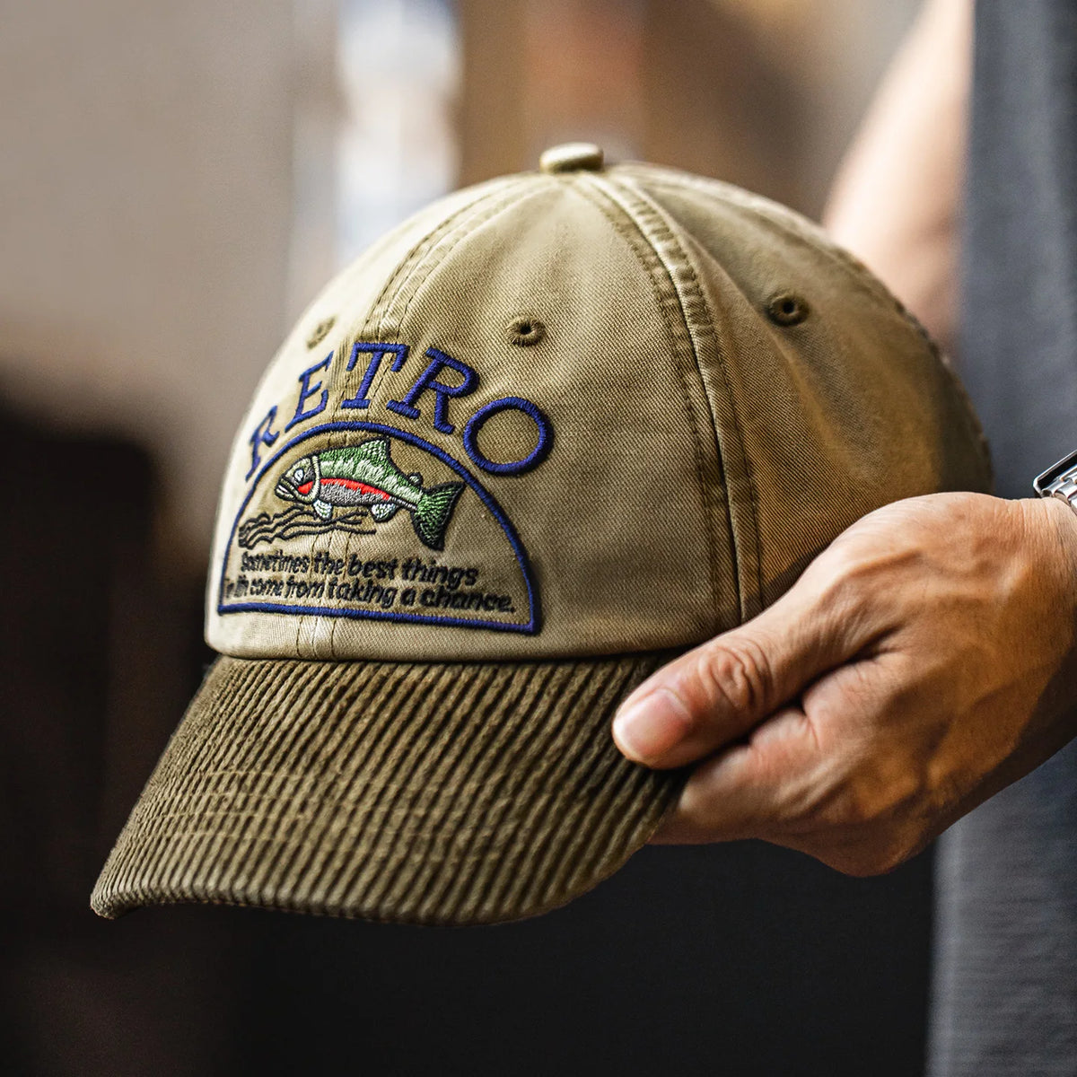 Close-up of the embroidery and the corduroy brim of the Eddy Corduroy Cap
