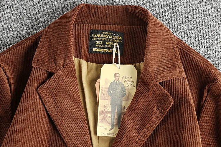 Inner label and vintage Made to Measure tag of the Corduroy Worker Blazer in Rust