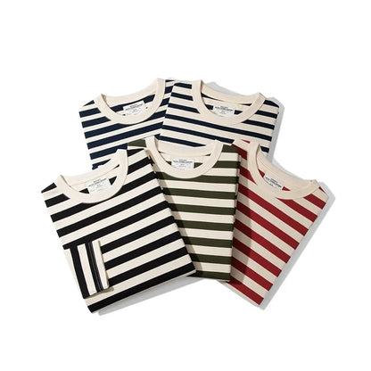 The five stripe patterns of the tee folded and stacked