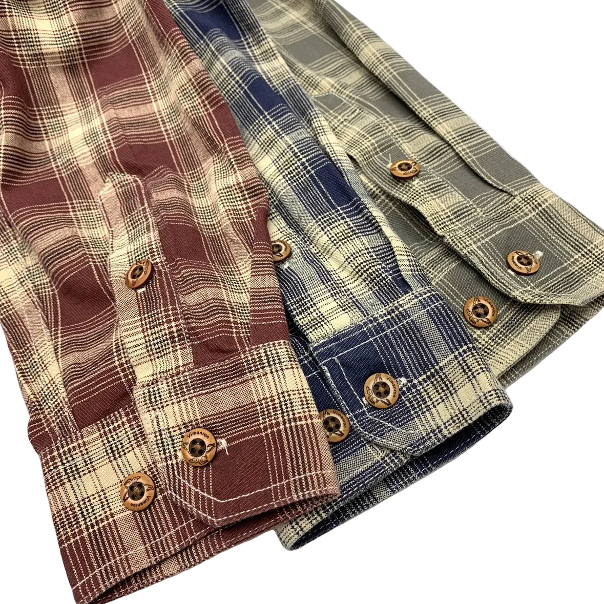Close-up of the cuffs and wooden buttons in the three plaids