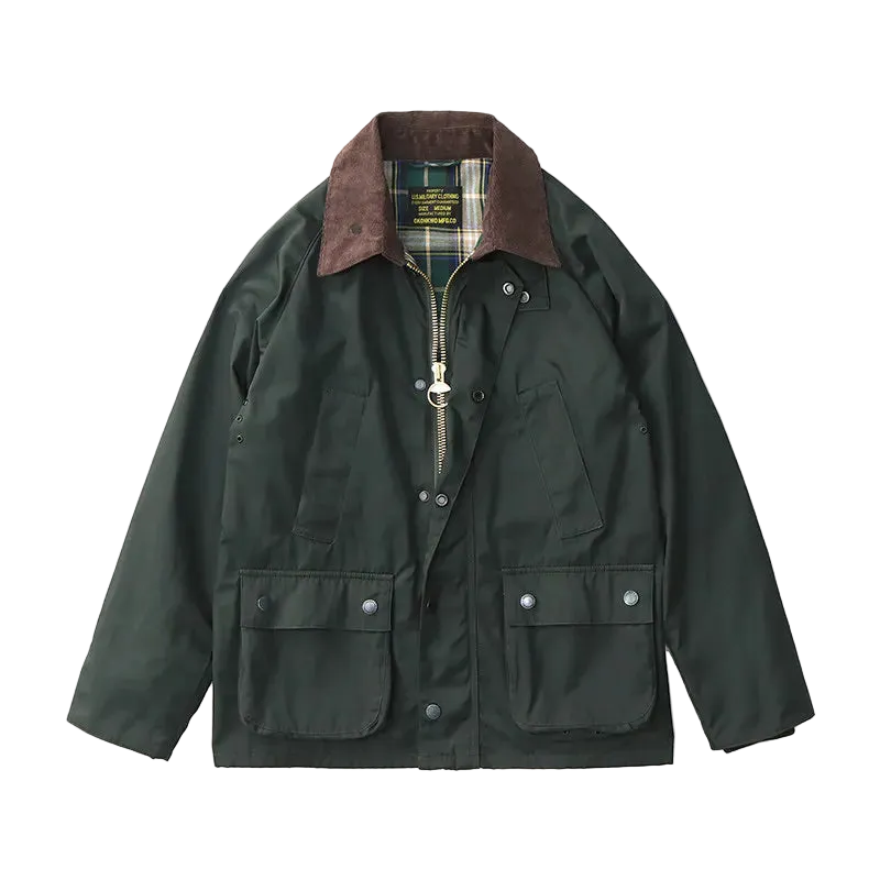 Highland Waxed Jacket in Dark Green Waxed, laid flat