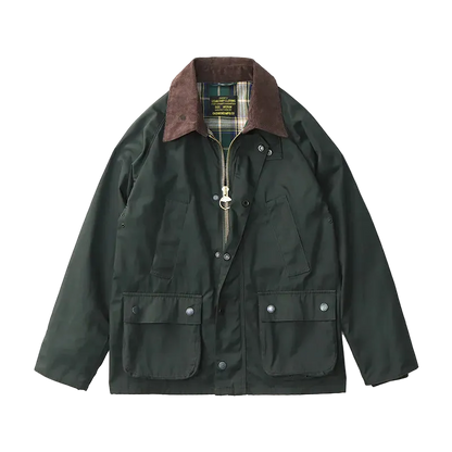 Highland Waxed Jacket in Dark Green Waxed, laid flat