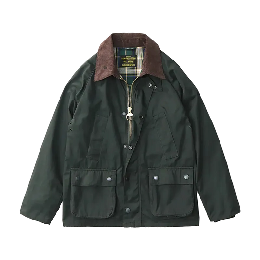 Highland Waxed Jacket in Dark Green Waxed, laid flat