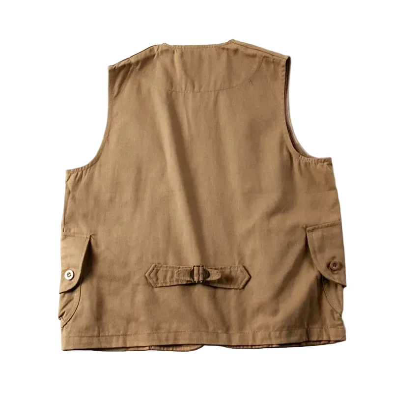 Back view of the Khaki vest showing the cinch strap and buckle