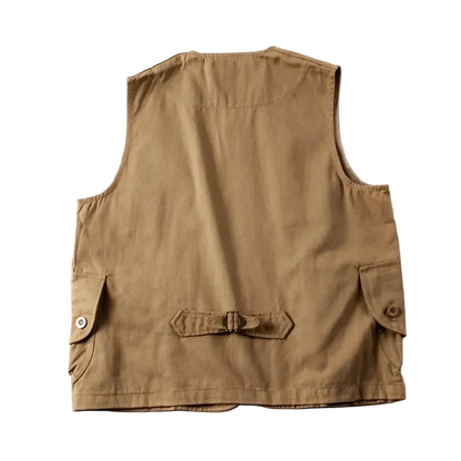Back view of the Khaki vest showing the cinch strap and buckle