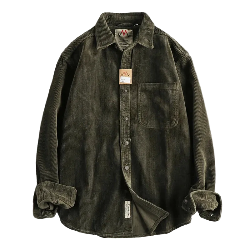 Oversized Corduroy Worker Shirt in Army Green, laid flat
