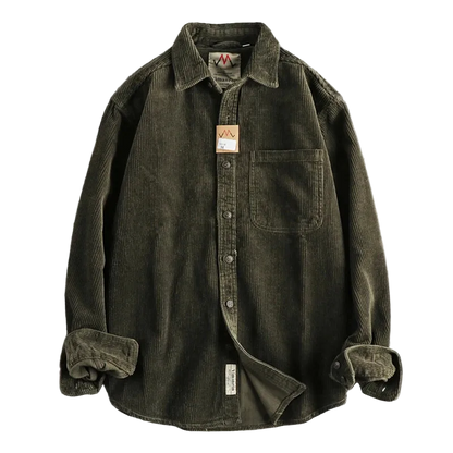Oversized Corduroy Worker Shirt in Army Green, laid flat