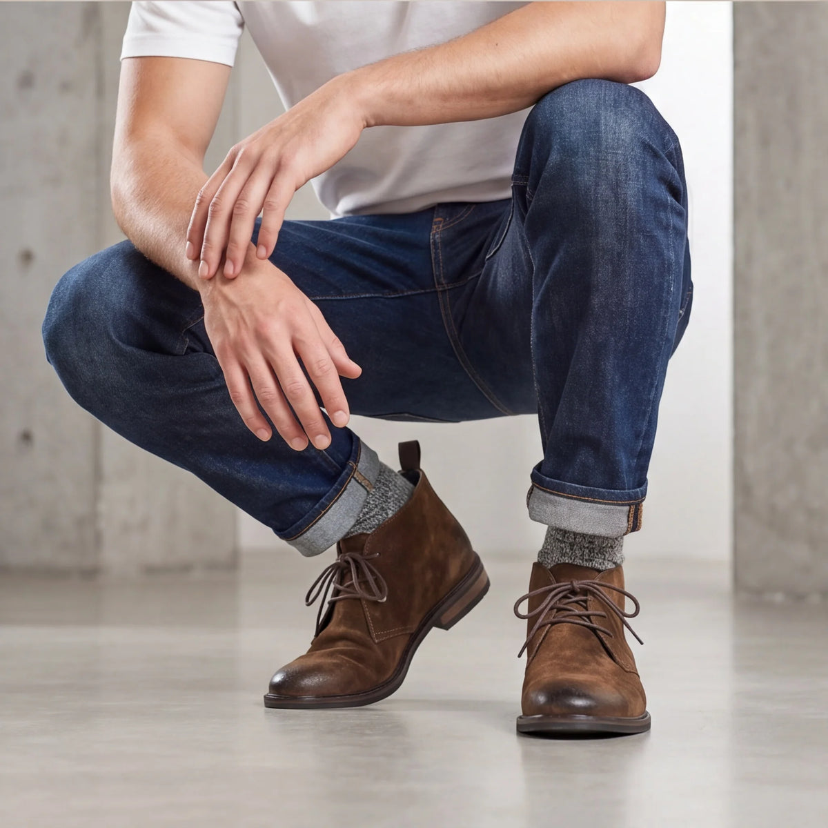 Pampa Suede Chukka Boot with jeans, crouching