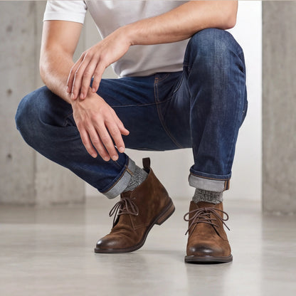 Pampa Suede Chukka Boot with jeans, crouching