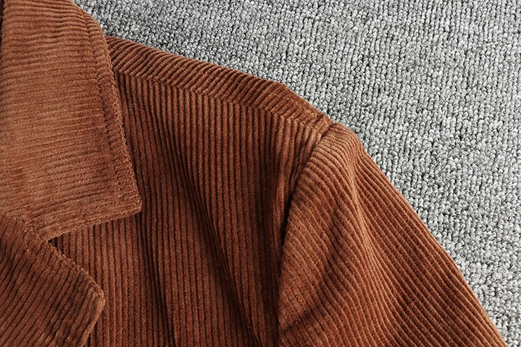 Close-up of the notched collar and corduroy wale in Rust
