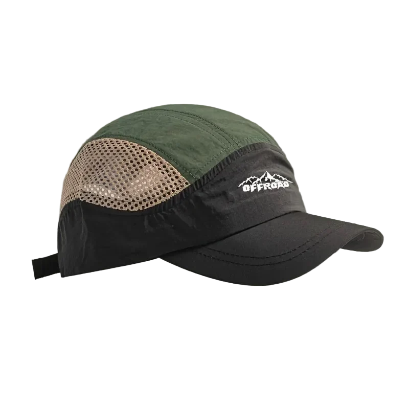 Offroad Runner Cap in Army Green with sand mesh panels and white mountain embroidery