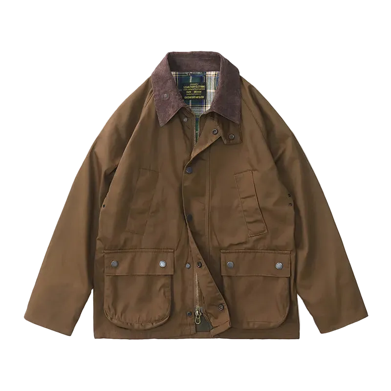 Highland Waxed Jacket in Coffee Waxed, laid flat