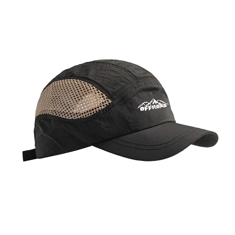 Offroad Runner Cap in Black with sand mesh panels and white mountain embroidery
