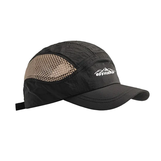 Offroad Runner Cap in Black with sand mesh panels and white mountain embroidery