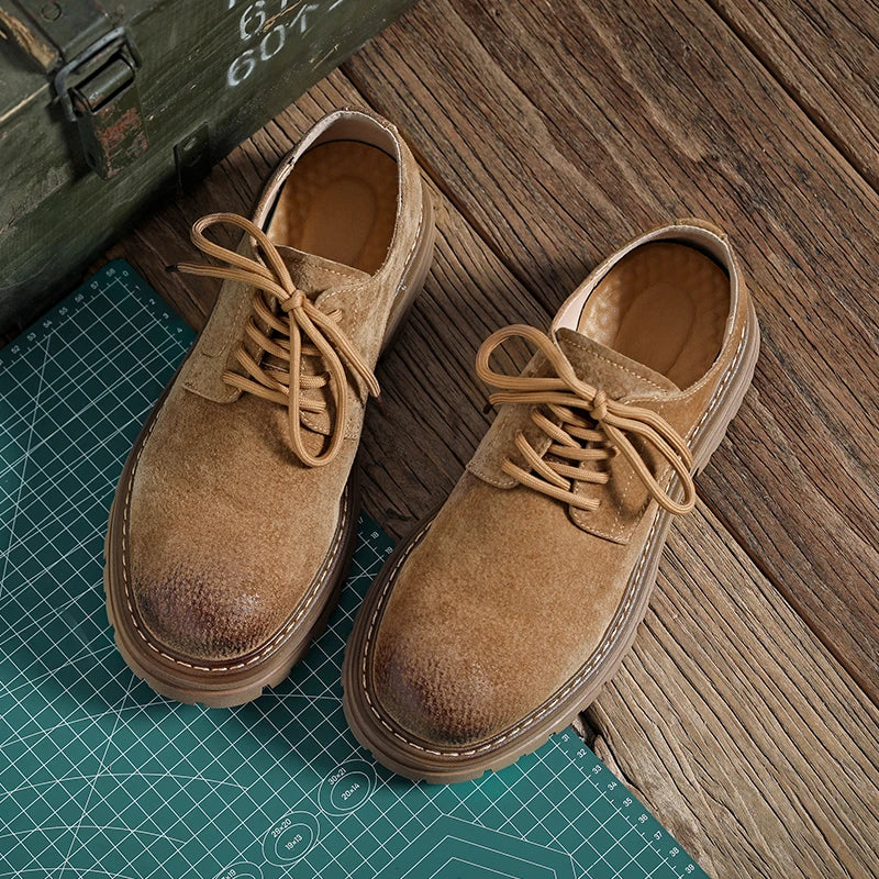 Workshop Suede Derby in Camel, pair on a cutting mat