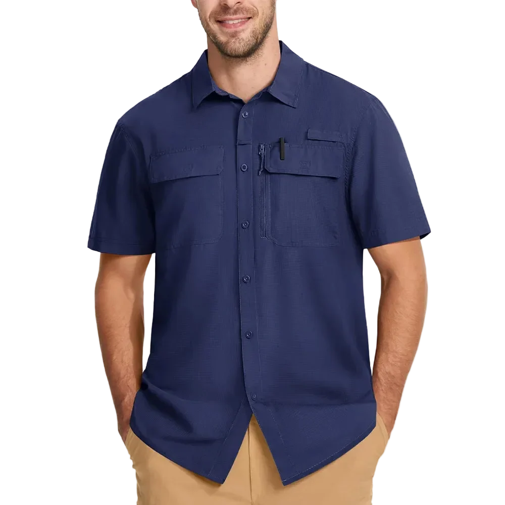 Latitude UPF 50+ Quick Dry Shirt in Navy, front view on model torso