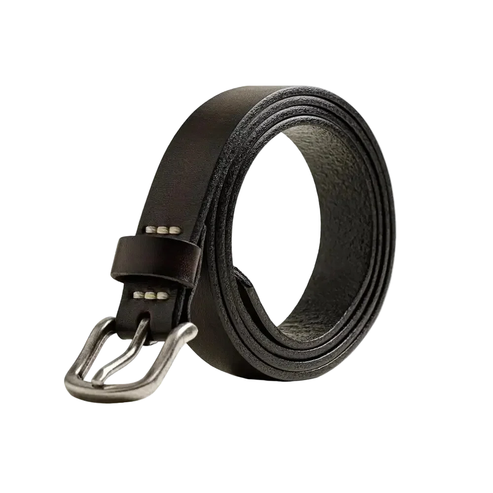 Indian Retro Leather Belt in Black, coiled, showing the brushed buckle and cream stitching