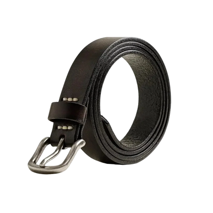 Indian Retro Leather Belt in Black, coiled, showing the brushed buckle and cream stitching