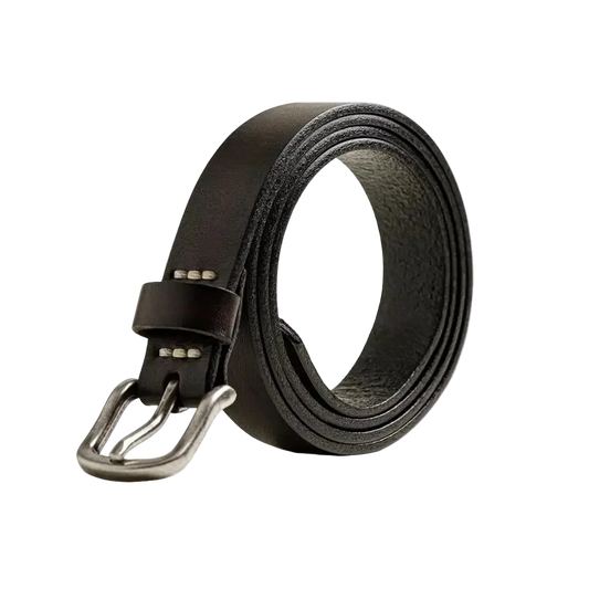 Indian Retro Leather Belt in Black, coiled, showing the brushed buckle and cream stitching