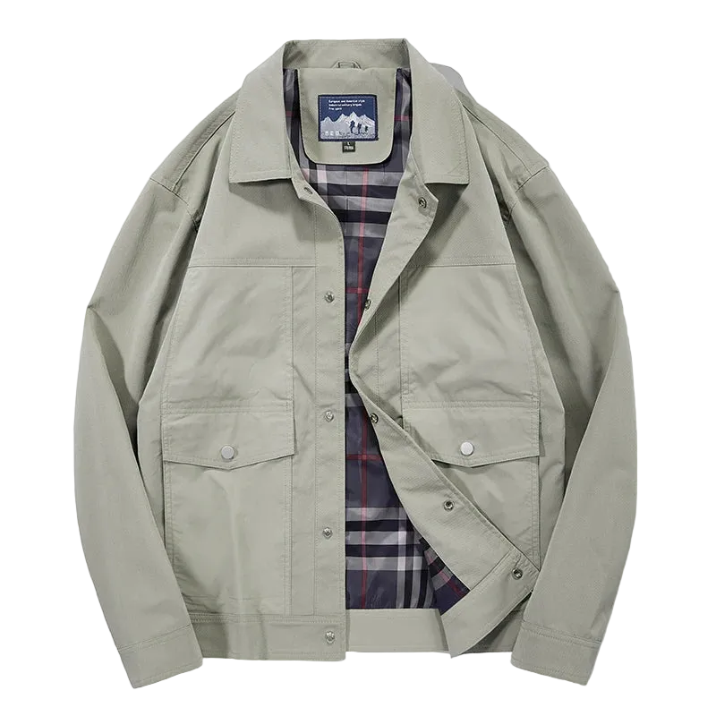 Coach Jacket with Plaid Lining in Light Grey, front view, open to show the lining