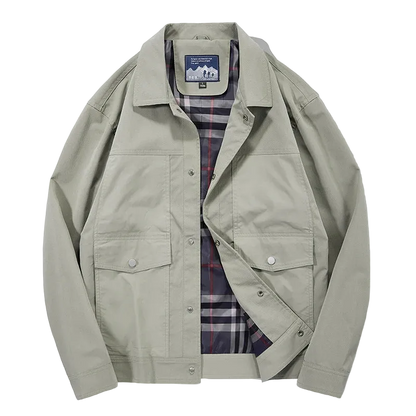 Coach Jacket with Plaid Lining in Light Grey, front view, open to show the lining