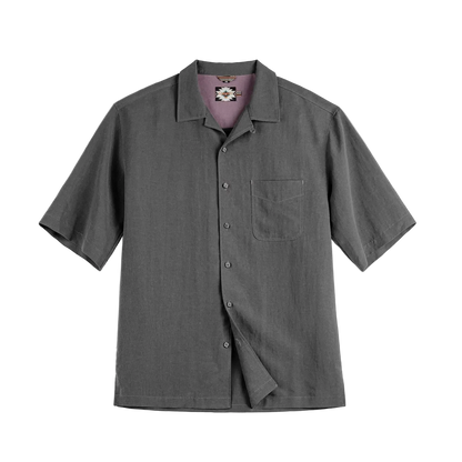 Dockworker Cuban Collar Shirt in Slate Grey, front view, flat lay