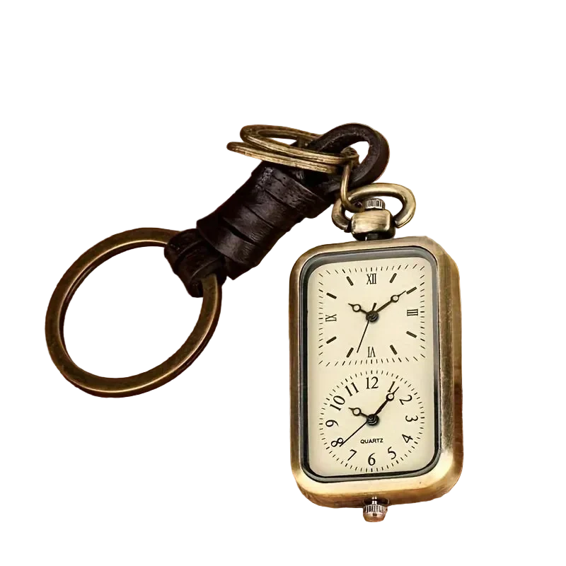 Bronze Pocket Watch Keychain, front view, with the two dials and the leather strap