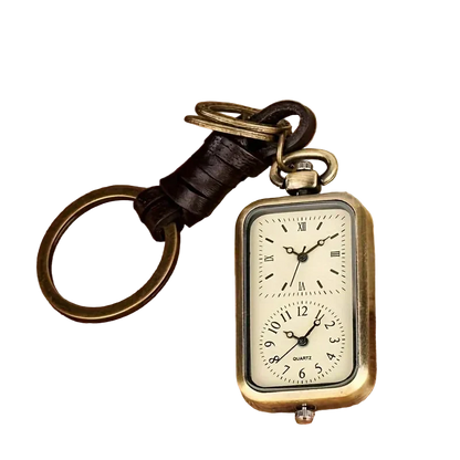 Bronze Pocket Watch Keychain, front view, with the two dials and the leather strap